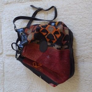 Unique Turkish Kilim Rug Bucket Hobo Shoulder Bag with Leather Crossbody Strap